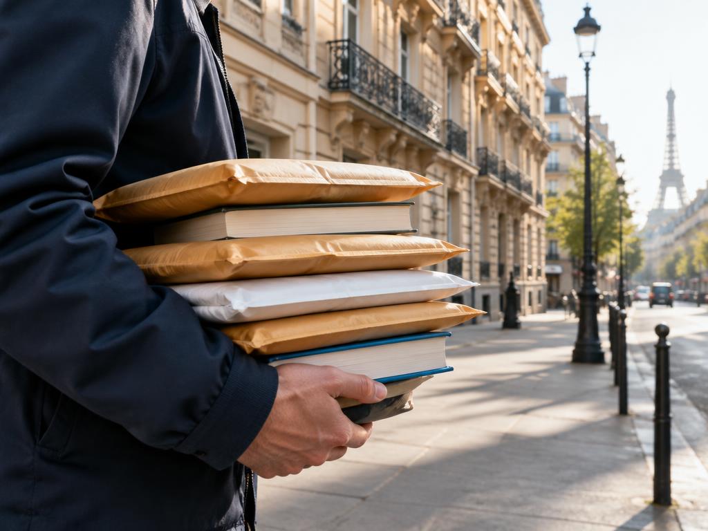 Coursier transportant des enveloppes et des livres dans une rue parisienne (image d'illustration)