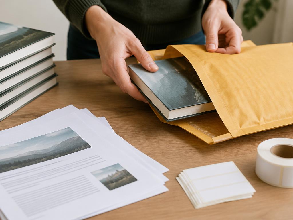 Mains glissant un livre dans une enveloppe matelassée (image d'illustration)