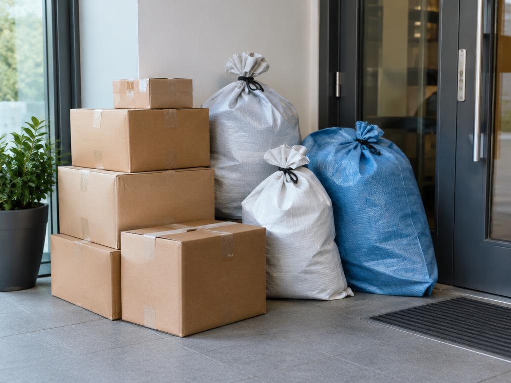Colis et sacs de courrier prêts à être ramassés (image d'illustration)